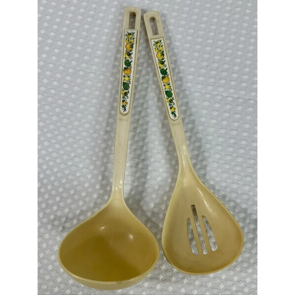 Vintage EKCO Nylon Ladle & Slotted Spoon Set Lemon Floral Handle 1970s Kitchen‎